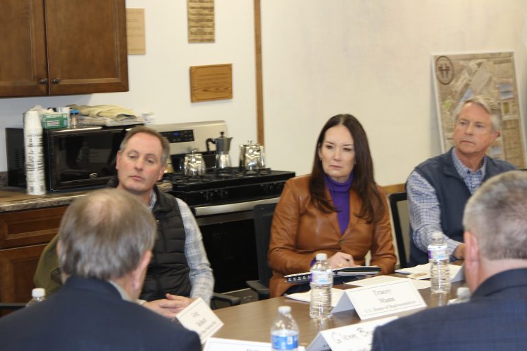 Brooke Rollins is pictured during a listening tour in Kansas Feb. 17. She is pictured with (left) Congressman Tracey Mann and Sen. Roger Marshall. (Journal photo by Dave Bergmeier.)