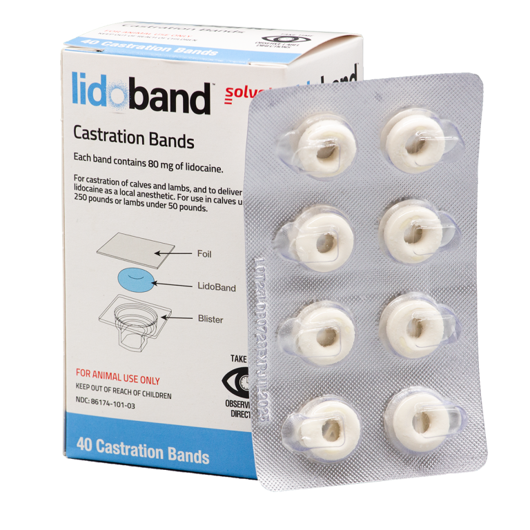 Lidoband castration bands are impregnated with lidocaine to reduce the discomfort associated with band castration. It is effective for 42 days in calves weighing up to 250 pounds. This spring, Lidoband will be available for calves up to 1,000 pounds. (Courtesy photo.)
