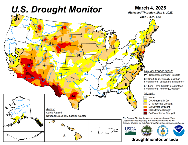 The U.S. Drought Monitor is jointly produced by the National Drought Mitigation Center at the University of Nebraska-Lincoln, the U.S. Department of Agriculture and the National Oceanic Atmospheric Administration. (Map courtesy of NDMC.)