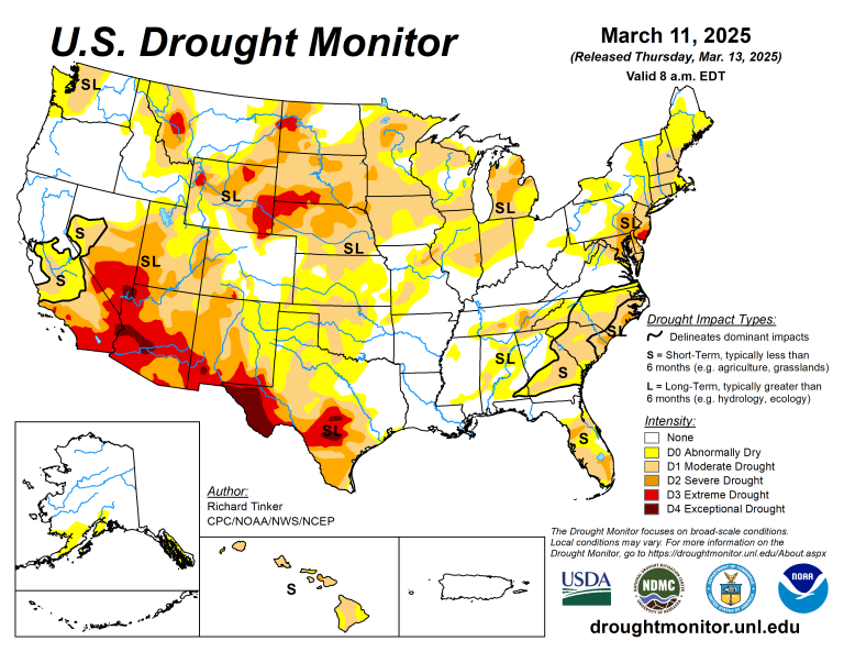 The U.S. Drought Monitor is jointly produced by the National Drought Mitigation Center at the University of Nebraska-Lincoln, the U.S. Department of Agriculture and the National Oceanic Atmospheric Administration. (Map courtesy of NDMC.)