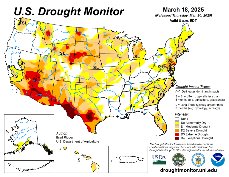 The U.S. Drought Monitor is jointly produced by the National Drought Mitigation Center at the University of Nebraska-Lincoln, the U.S. Department of Agriculture and the National Oceanic Atmospheric Administration. (Map courtesy of NDMC.)