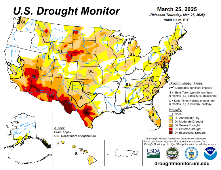 The U.S. Drought Monitor is jointly produced by the National Drought Mitigation Center at the University of Nebraska-Lincoln, the U.S. Department of Agriculture and the National Oceanic Atmospheric Administration. (Map courtesy of NDMC.)