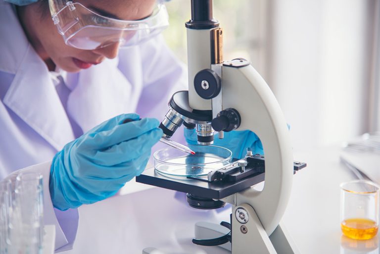 Scientist in a lab looks at a microscope. (Adobe Stock │ #445991336 - aFotostock)