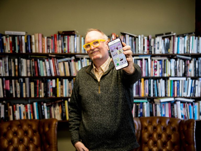 Wichita State Professor Darren DeFrain has been awarded $150,000 from the National Endowment for the Humanities to further develop Vizling, a smartphone app that allows visually impaired people to read materials rich in visual content. (Courtesy photo.)