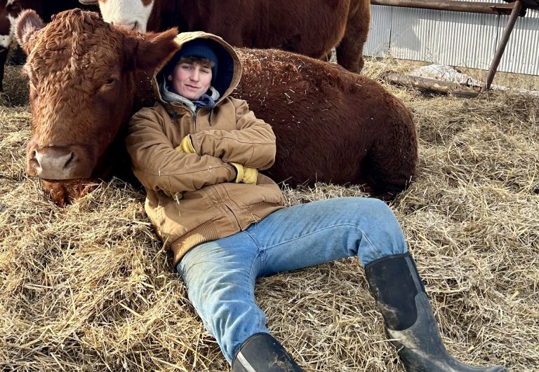 Hazel provides a soft backrest for one of her human pals, Colton Jacobson, at the family farm near Hope, Kansas. (Courtesy photo.)