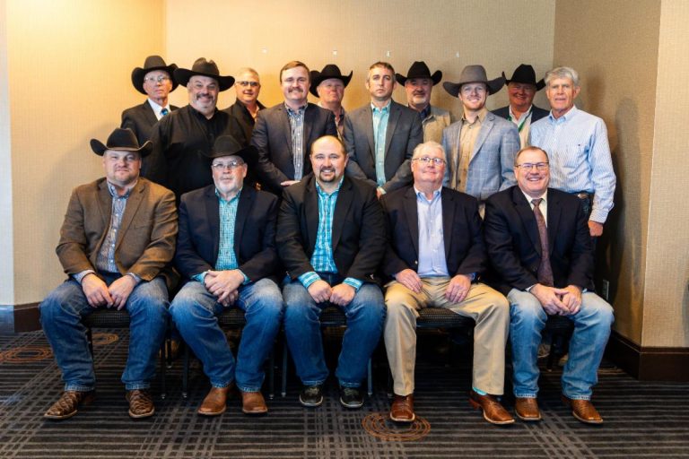 The American Gelbvieh Association elected directors and officers for 2025 during its national convention in Kansas City, Missouri. Back row (from left) Greg Hartman, Colorado, Mark Stock, Iowa, John Shearer, Kansas, Troy Forbes, South Dakota, William McIntosh, Kentucky; middle row Greg Anderson, North Carolina, David Larson, Minnesota, Zach Butler, Tennessee, Justin Taubenheim, Nebraska, Mark Covington, Colorado; front row Dan Warner, Nebraska, Stuart Jarvis, Kansas, Brent Overmiller, Kansas, Tom Vehige, Missouri, and Harold Bertz, Missouri. Not pictured is Cory Voss, Nebraska. (Courtesy photo.)