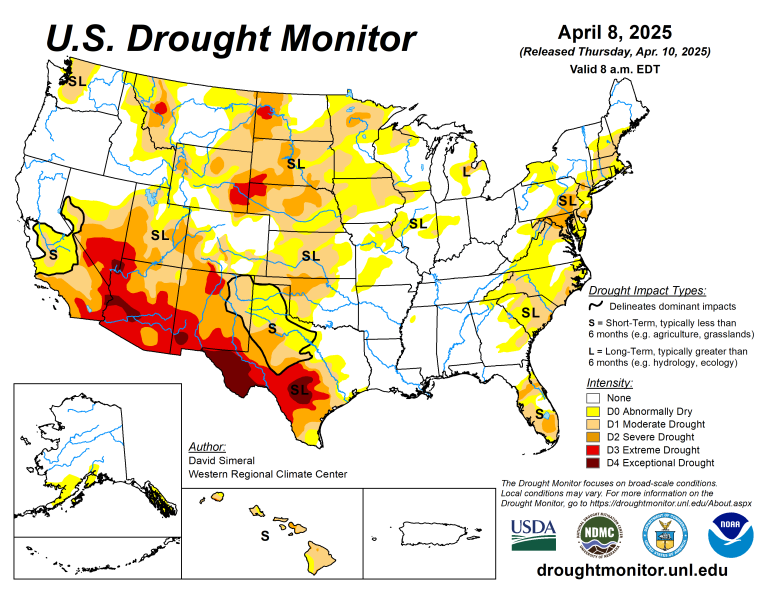The U.S. Drought Monitor is jointly produced by the National Drought Mitigation Center at the University of Nebraska-Lincoln, the U.S. Department of Agriculture and the National Oceanic Atmospheric Administration. (Map courtesy of NDMC.)