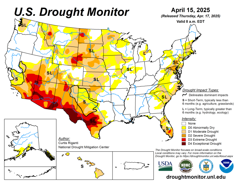 The U.S. Drought Monitor is jointly produced by the National Drought Mitigation Center at the University of Nebraska-Lincoln, the U.S. Department of Agriculture and the National Oceanic Atmospheric Administration. (Map courtesy of NDMC.)