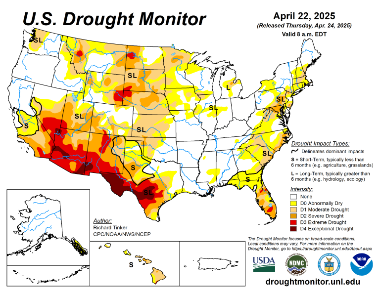 The U.S. Drought Monitor is jointly produced by the National Drought Mitigation Center at the University of Nebraska-Lincoln, the U.S. Department of Agriculture and the National Oceanic Atmospheric Administration. (Map courtesy of NDMC.)
