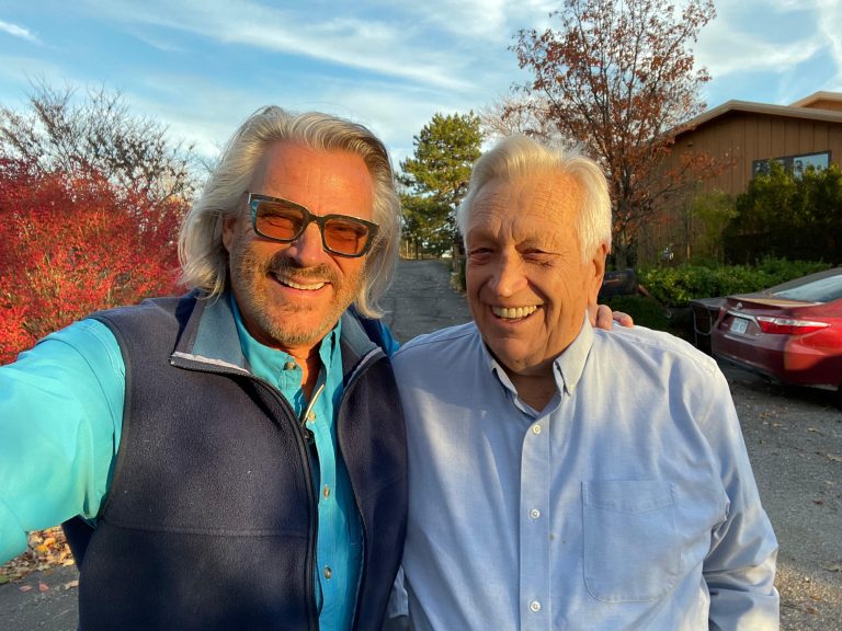 Michael Johnson, executive producer and producer, left, was impressed by Wes Jackson’s physical abilities during the filming of “Prairie Prophecy” near Salina, Kansas. (Courtesy photo.)