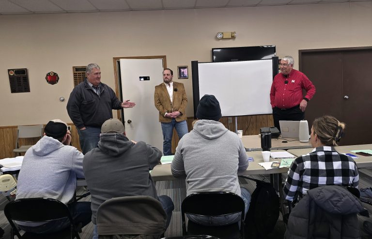 (From left) Steve Tucker, a UNL alumni and an owner of Tucker Farms and AgriForce Seed in Venango, Nebraska; Robert Ellis, American Farmland Trust; and Paul Jasa, UNL Extension research engineer, discuss questions raised by the Nebraska Soil Health School attendees during the event’s discussion panel. (Photo by Bijesh Maharjan | Nebraska Extension)
