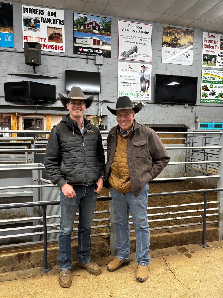 Farmers and Ranchers Livestock, Salina, was recently purchased by the Winter Livestock family, Dodge City. Pictured are, (at left) head of operations Mason Winter and general manager Mike Samples. (Courtesy photo.)
