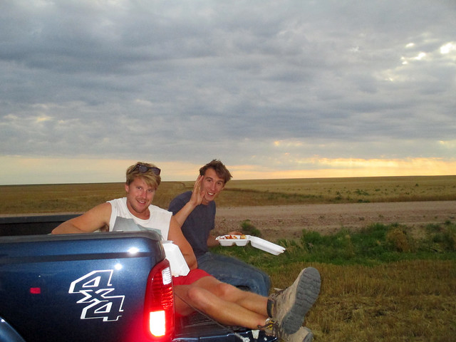 Fraser and Alex enjoying their meal harvest style