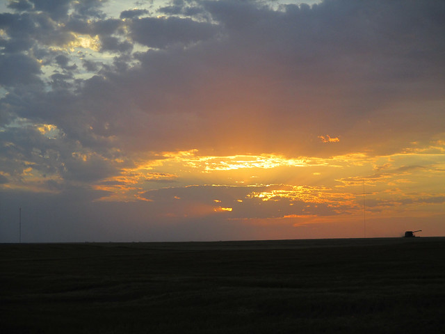 A sunset viiew of the neighboring field can you see the combine