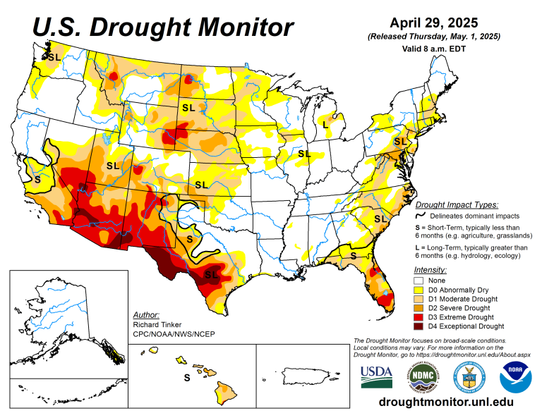 The U.S. Drought Monitor is jointly produced by the National Drought Mitigation Center at the University of Nebraska-Lincoln, the U.S. Department of Agriculture and the National Oceanic Atmospheric Administration. (Map courtesy of NDMC.)
