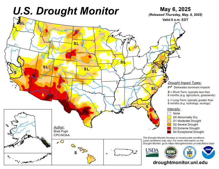 The U.S. Drought Monitor is jointly produced by the National Drought Mitigation Center at the University of Nebraska-Lincoln, the U.S. Department of Agriculture and the National Oceanic Atmospheric Administration. (Map courtesy of NDMC.)