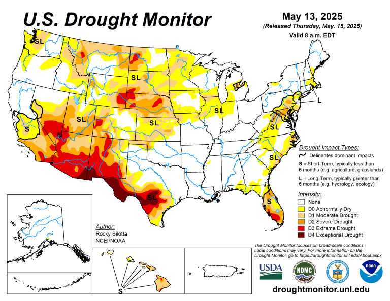 The U.S. Drought Monitor is jointly produced by the National Drought Mitigation Center at the University of Nebraska-Lincoln, the U.S. Department of Agriculture and the National Oceanic Atmospheric Administration. (Map courtesy of NDMC.)