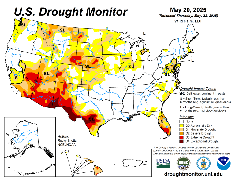 The U.S. Drought Monitor is jointly produced by the National Drought Mitigation Center at the University of Nebraska-Lincoln, the U.S. Department of Agriculture and the National Oceanic Atmospheric Administration. (Map courtesy of NDMC.)