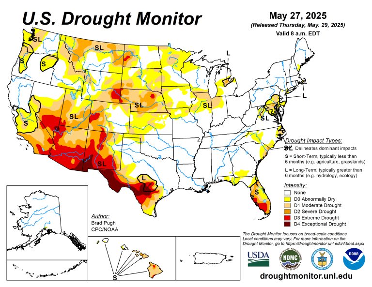 The U.S. Drought Monitor is jointly produced by the National Drought Mitigation Center at the University of Nebraska-Lincoln, the U.S. Department of Agriculture and the National Oceanic Atmospheric Administration. (Map courtesy of NDMC.)