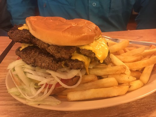 The "Can You Handle It" burger at Lucky's Café in Apache. Matt ate the entire thing so, turns out he can handle it.