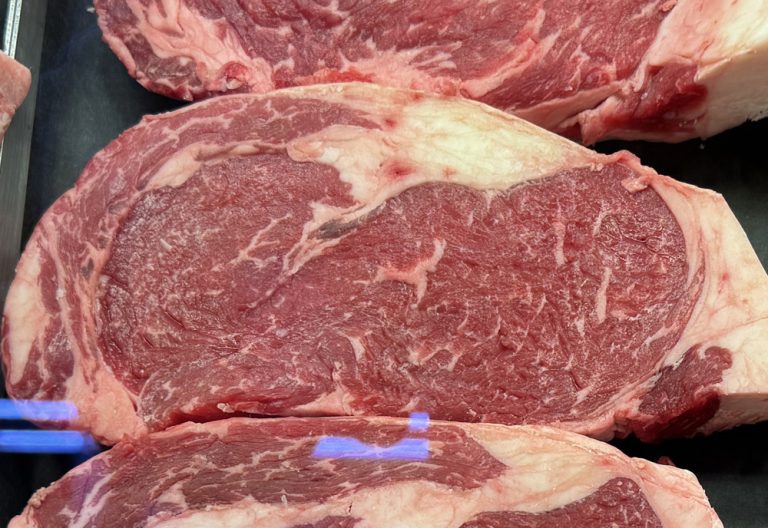 Ribeyes await buyers in the grocery store meat case. Taken May 3, 2025. (U of A System Division of Agriculture photo)