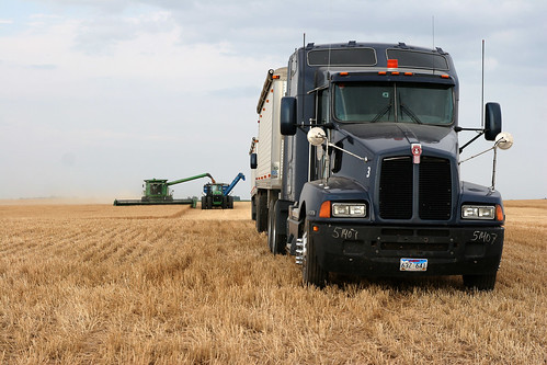 A combine dumps on the graincart while the truck is lined up and ready to be dumped on.