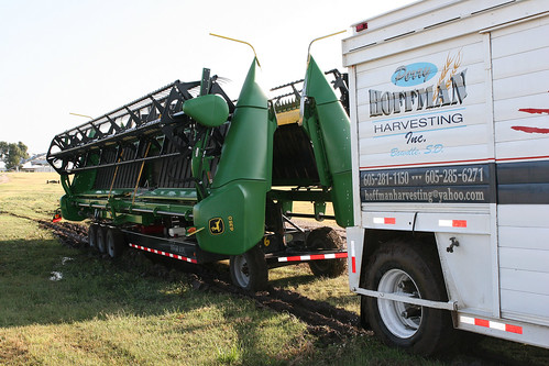 The double header trailer and the service truck got stuck.