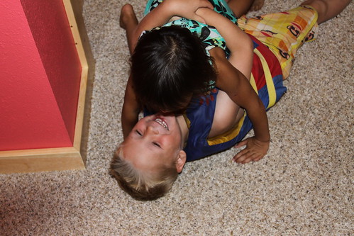 Kaidence tips Brady over with a huge hug