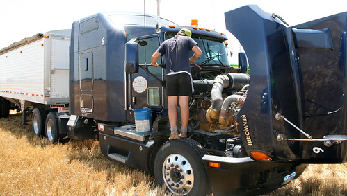 Theo cleans the windows on the trucks.