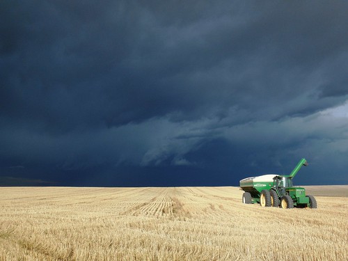 Dark clouds behind grain cart