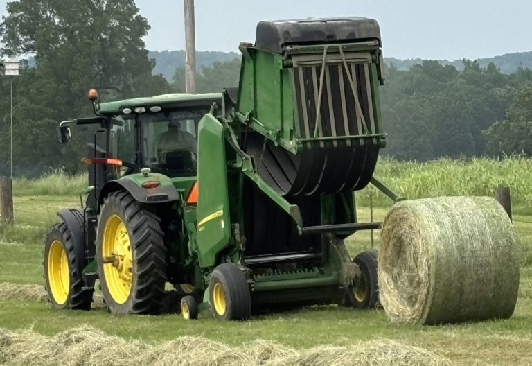 Baling hay in Faulkner County on May 16, 2025. Hay growers are trying to work between the raindrops, but are struggling this spring. (U of A System Division of Agriculture photo by Kevin Lawson.)