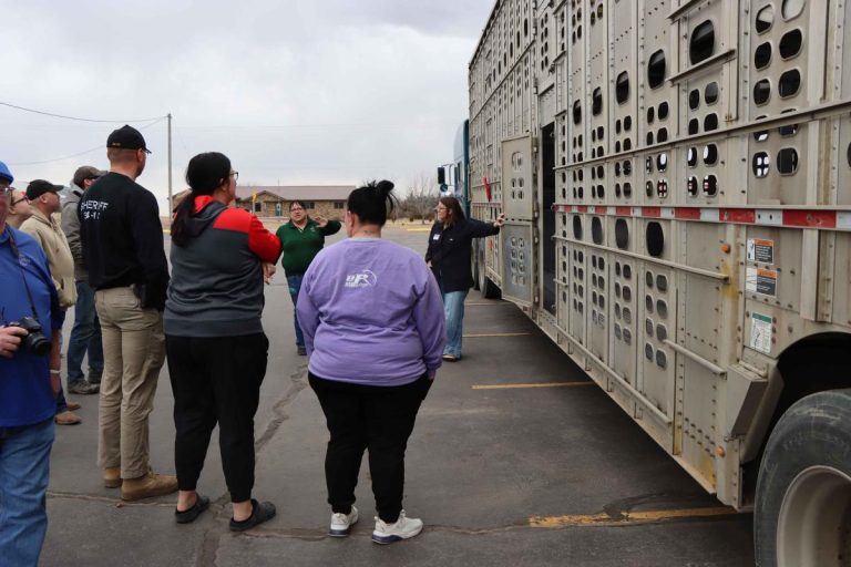 Lisa Pederson, North Dakota State University Extension Livestock Specialist and Robin Salverson, SDSU Extension Cow/Calf Field Specialist, lead a tour of different trailers during the training. (North Dakota State University Extension)