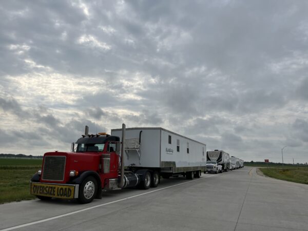 All the campers lined up waiting to join the convoy leaving Pratt, Kansas. 