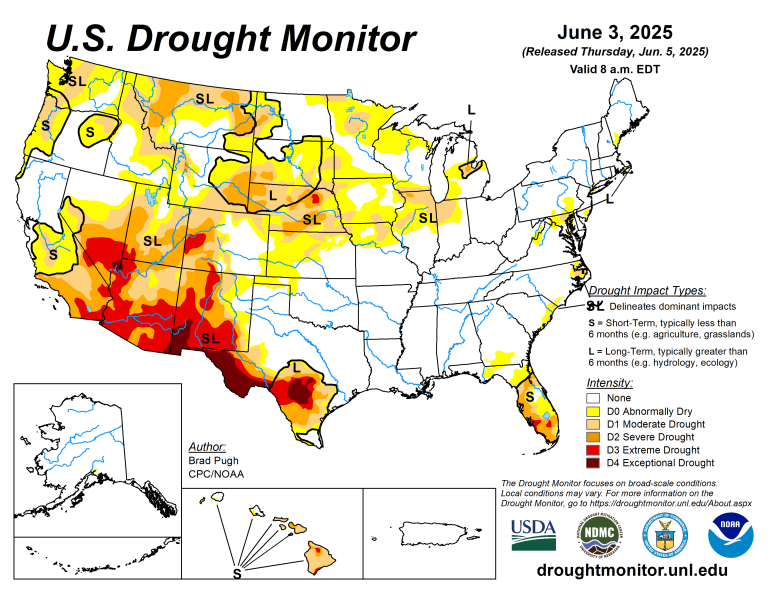 The U.S. Drought Monitor is jointly produced by the National Drought Mitigation Center at the University of Nebraska-Lincoln, the U.S. Department of Agriculture and the National Oceanic Atmospheric Administration. (Map courtesy of NDMC.)