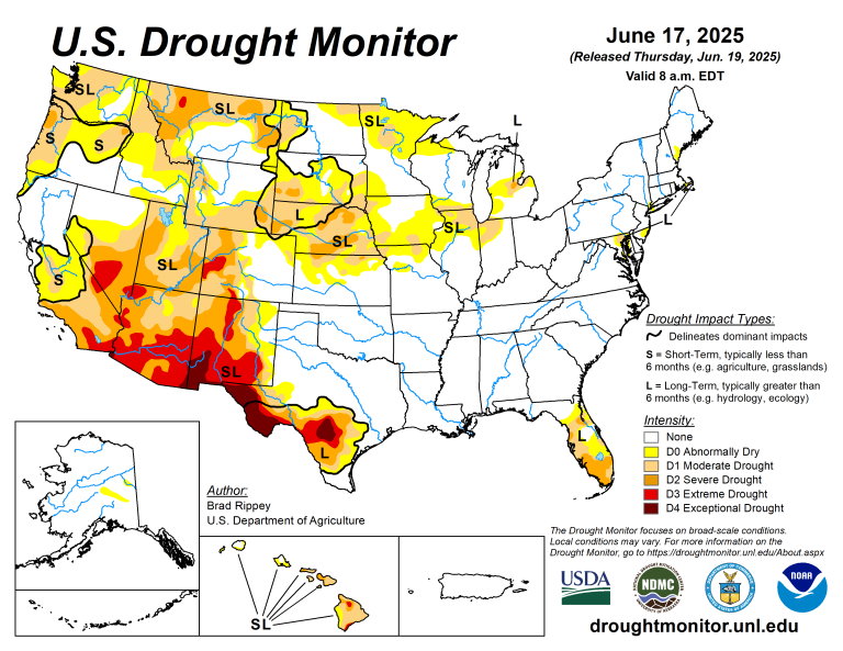The U.S. Drought Monitor is jointly produced by the National Drought Mitigation Center at the University of Nebraska-Lincoln, the U.S. Department of Agriculture and the National Oceanic Atmospheric Administration. (Map courtesy of NDMC.)