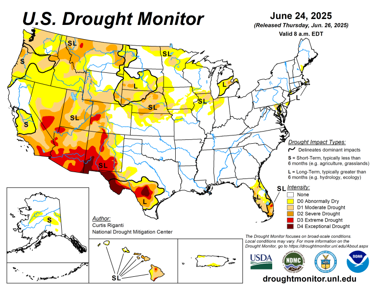 The U.S. Drought Monitor is jointly produced by the National Drought Mitigation Center at the University of Nebraska-Lincoln, the U.S. Department of Agriculture and the National Oceanic Atmospheric Administration. (Map courtesy of NDMC.)