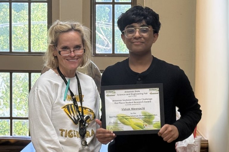STATE CHAMPION — Vishak Meenachi, 14, took first place at the 2025 Soybean Science Challenge at the Arkansas State Science and Engineering Fair. (Division of Agriculture image.)