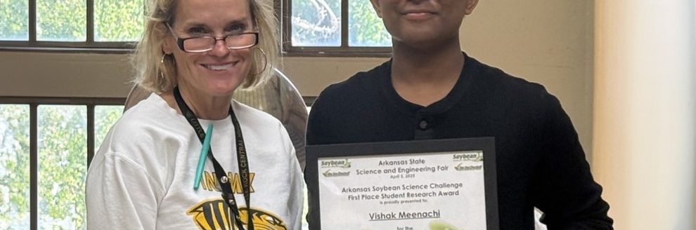 STATE CHAMPION — Vishak Meenachi, 14, took first place at the 2025 Soybean Science Challenge at the Arkansas State Science and Engineering Fair. (Division of Agriculture image.)