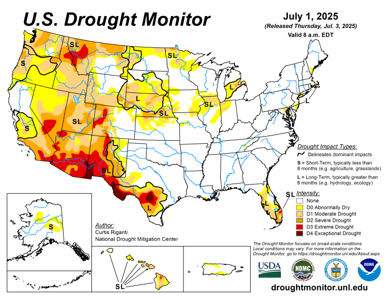 The U.S. Drought Monitor is jointly produced by the National Drought Mitigation Center at the University of Nebraska-Lincoln, the U.S. Department of Agriculture and the National Oceanic Atmospheric Administration. (Map courtesy of NDMC.)