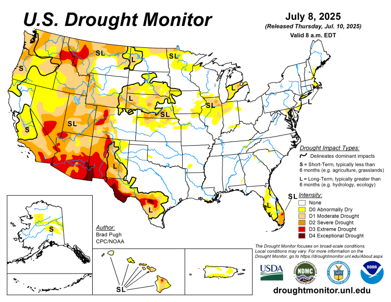 The U.S. Drought Monitor is jointly produced by the National Drought Mitigation Center at the University of Nebraska-Lincoln, the U.S. Department of Agriculture and the National Oceanic Atmospheric Administration. (Map courtesy of NDMC.)