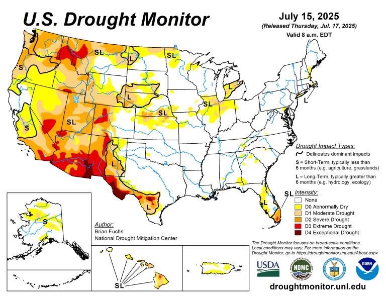 The U.S. Drought Monitor is jointly produced by the National Drought Mitigation Center at the University of Nebraska-Lincoln, the U.S. Department of Agriculture and the National Oceanic Atmospheric Administration. (Map courtesy of NDMC.)
