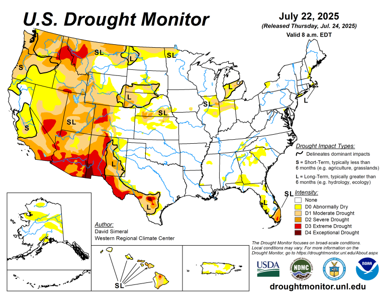The U.S. Drought Monitor is jointly produced by the National Drought Mitigation Center at the University of Nebraska-Lincoln, the U.S. Department of Agriculture and the National Oceanic Atmospheric Administration. (Map courtesy of NDMC.)