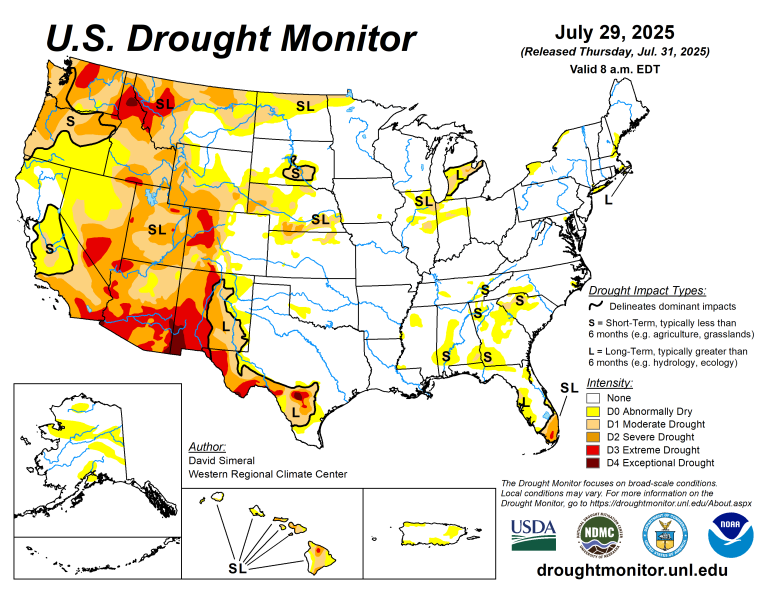 The U.S. Drought Monitor is jointly produced by the National Drought Mitigation Center at the University of Nebraska-Lincoln, the U.S. Department of Agriculture and the National Oceanic Atmospheric Administration. (Map courtesy of NDMC.)