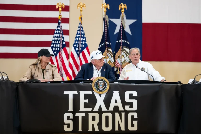 From left, First Lady Melania Trump and President Donald Trump listen as Texas Gov. Greg Abbott speaks. (Photo courtesy of White House.)