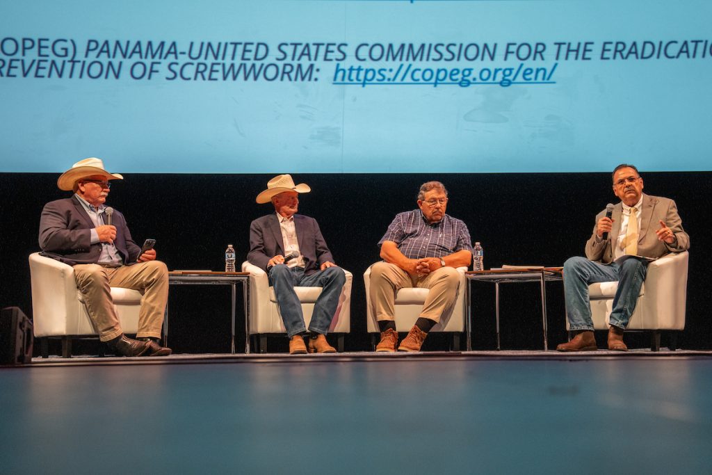 Left to right, Ron Gill, Ph.D., Texas A&M AgriLife Extension Service livestock specialist and professor in the Department of Animal Science, moderates a New World screwworm panel consisting of Jim McAdams, rancher and past National Cattlemen’s Beef Association president; Joe Paschal, Ph.D., AgriLife Extension livestock specialist emeritus and ranching and genetics consultant; and Alberto Banuet, Ph.D., a rancher from Yucatan, Mexico, at the 71st annual Texas A&M Beef Cattle Short Course. (Courtney Sacco/Texas A&M AgriLife)