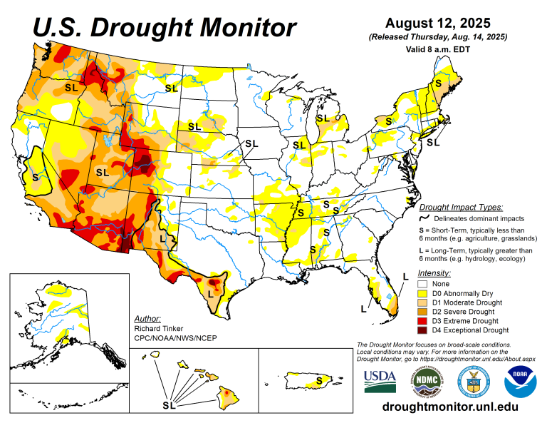 The U.S. Drought Monitor is jointly produced by the National Drought Mitigation Center at the University of Nebraska-Lincoln, the U.S. Department of Agriculture and the National Oceanic Atmospheric Administration. (Map courtesy of NDMC.)