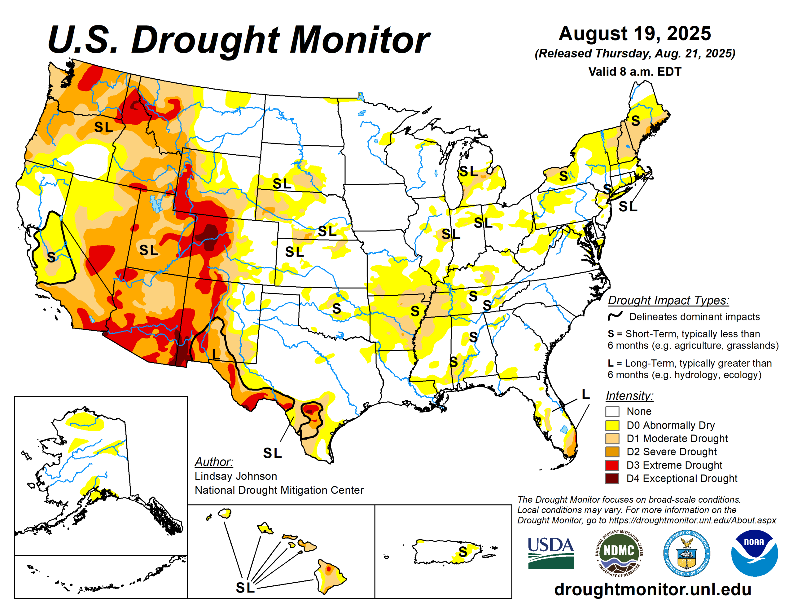 The U.S. Drought Monitor is jointly produced by the National Drought Mitigation Center at the University of Nebraska-Lincoln, the U.S. Department of Agriculture and the National Oceanic Atmospheric Administration. (Map courtesy of NDMC.)