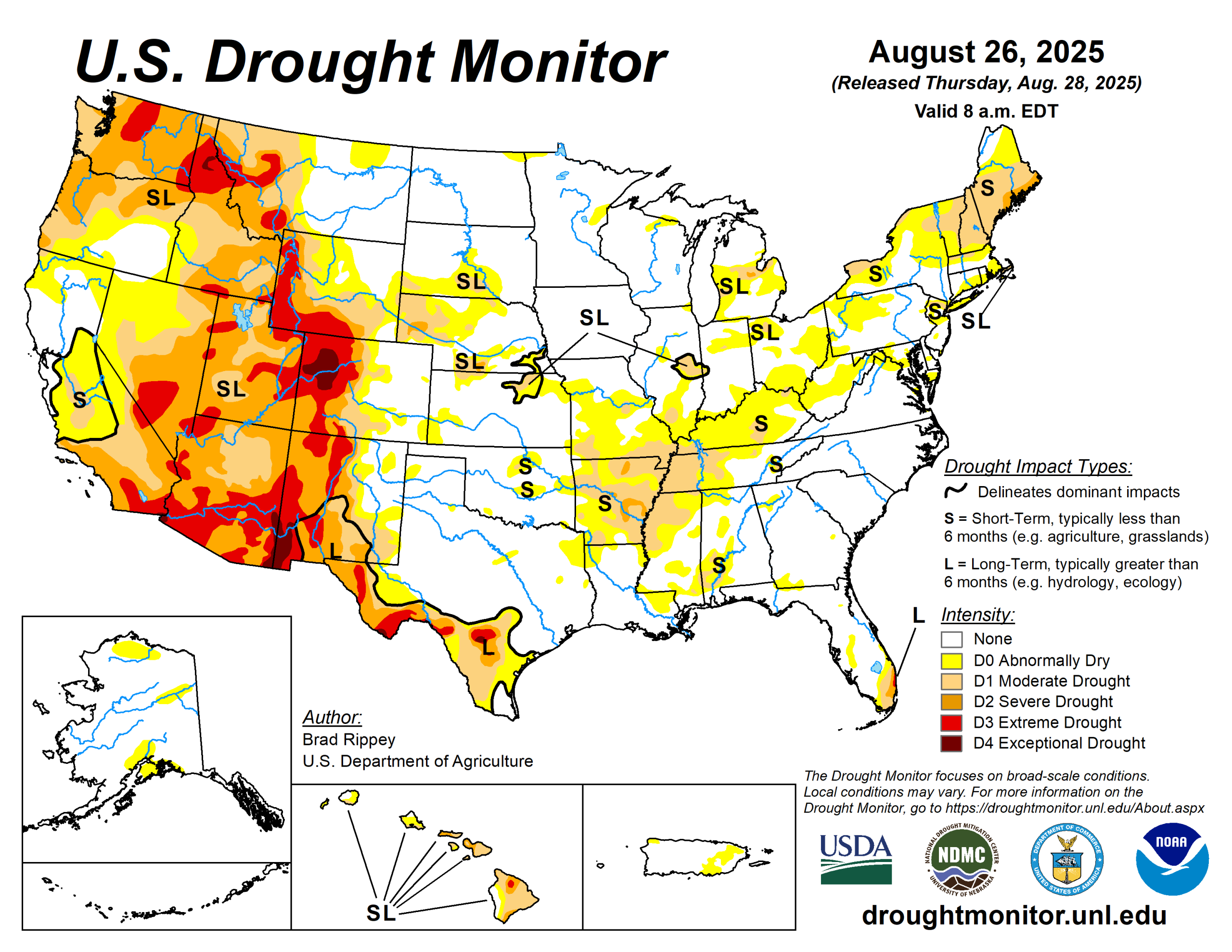 The U.S. Drought Monitor is jointly produced by the National Drought Mitigation Center at the University of Nebraska-Lincoln, the U.S. Department of Agriculture and the National Oceanic Atmospheric Administration. (Map courtesy of NDMC.)