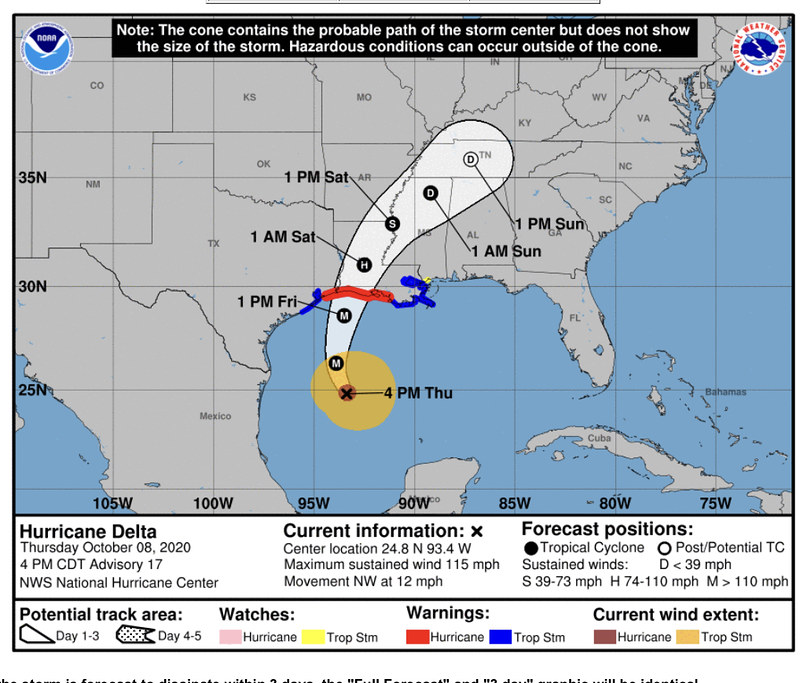 "Cone of uncertainty" for Hurricane Delta, which moved inland in October 2020, at the time it was forecast to cross parts of the Mississippi Delta as a tropical storm. (Image courtesy NOAA)
