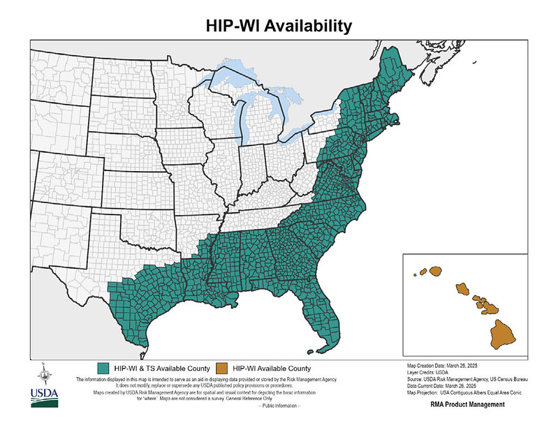Map from USDA showing counties where Hurricane Insurance Protection is available. (USDA image)